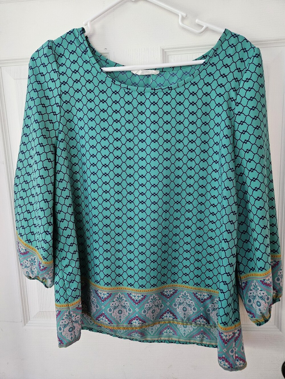 Women's Teal Patterned Boatneck Blouse